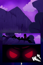 Size: 2100x3150 | Tagged: safe, artist:chaosllama, comic:fall of friendship, cliff, comic, creature, glowing eyes, group, high res, onomatopoeia, silhouette