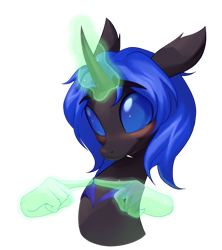 Size: 1096x1232 | Tagged: safe, artist:littmosa, oc, oc only, oc:swift dawn, changeling, blue changeling, blushing, changeling oc, commission, eyebrows, eyebrows visible through hair, fangs, hand, horn, looking at you, magic, magic hands, male, shy, simple background, smiling, solo, stallion, transparent background, ych result