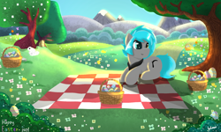 Size: 2000x1200 | Tagged: safe, artist:julie25609, oc, oc only, oc:sorajona, oc:sorajona darkwing, pony, rabbit, animal, bandana, bush, clothes, easter, easter egg, female, flower, happy, hill, holiday, kerchief, lying down, mare, mountain, nature, picnic, picnic blanket, scarf, scene hair, sitting, solo, sunlight, tree