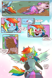 Size: 960x1440 | Tagged: safe, artist:cold-blooded-twilight, rainbow dash, twilight sparkle, pegasus, pony, unicorn, cold blooded twilight, comic:cold storm, g4, blushing, chest fluff, clothes, cloud, comic, dialogue, eyes closed, faceplant, female, laughing, leggings, lesbian, looking at each other, mud, mud mask, pain, rainbow trail, raspberry noise, reaching, ship:twidash, shipping, smiling, socks, speech bubble, spread wings, stockings, thigh highs, unicorn twilight, wings