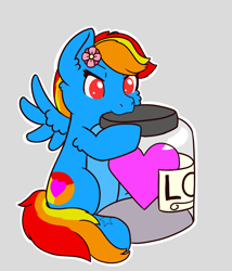 Size: 2145x2505 | Tagged: safe, artist:morrigun, oc, oc only, oc:sunamena, pegasus, pony, commission, cute, flower, flower in hair, gray background, heart, high res, jar, love, simple background, wings, ych result