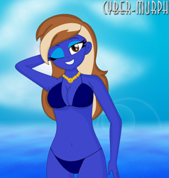 Size: 1380x1448 | Tagged: safe, artist:cyber-murph, oc, oc:vanilla eclair, equestria girls, g4, belly, belly button, bikini, breasts, busty oc, clothes, commission, eyeshadow, jewelry, looking at you, makeup, midriff, necklace, ocean, one eye closed, signature, swimsuit, wink, winking at you