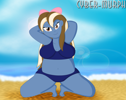 Size: 2671x2127 | Tagged: safe, artist:cyber-murph, oc, oc:sundae shake, equestria girls, g4, belly, belly button, bikini, breasts, chubby, clothes, commission, high res, looking at you, midriff, ocean, signature, swimsuit, thick