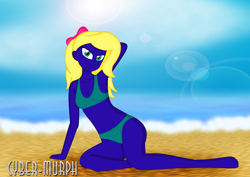 Size: 2276x1612 | Tagged: safe, artist:cyber-murph, oc, oc:ruby shears, equestria girls, g4, arm behind head, belly, belly button, bikini, bow, breasts, clothes, commission, hair bow, looking at you, ocean, sexy, signature, swimsuit