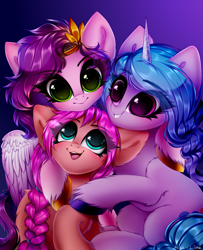 Size: 1419x1744 | Tagged: safe, alternate version, artist:mite-lime, izzy moonbow, pipp petals, sunny starscout, earth pony, pegasus, pony, unicorn, g5, adorapipp, awww, blushing, braid, cute, eyelashes, female, gradient background, hoof fluff, izzybetes, looking at you, looking up, mare, open mouth, smiling, sunnybetes, trio, unshorn fetlocks, wings