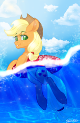 Size: 1452x2222 | Tagged: safe, artist:wicked-red-art, applejack, earth pony, pony, g4, applejack's hat, cloud, commission, cowboy hat, female, floaty, grin, hat, mare, ocean, sky, smiling, solo, water, ych result