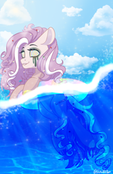 Size: 1452x2222 | Tagged: safe, alternate character, alternate version, artist:wicked-red-art, oc, oc only, oc:molly pop, earth pony, pony, cloud, commission, drugs, female, floaty, grin, makeup, mare, markings, ocean, pills, running makeup, sky, smiling, solo, water, ych result