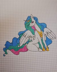 Size: 1080x1350 | Tagged: safe, artist:tessa_key_, princess celestia, alicorn, pony, g4, female, graph paper, hoof shoes, horn, looking back, mare, sitting, smiling, solo, spread wings, traditional art, wings