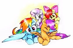 Size: 3709x2460 | Tagged: safe, artist:liaaqila, apple bloom, rainbow dash, scootaloo, sweetie belle, earth pony, pegasus, pony, unicorn, g4, adorabloom, apple bloom's bow, assisted preening, bow, commission, cute, cutealoo, cutie mark crusaders, dashabetes, diasweetes, eyes closed, female, filly, foal, grooming, group, hair bow, high res, horn, liaaqila is trying to murder us, liaaqila is trying to murder us with dashabetes, lying down, mare, nom, preening, prone, quartet, scootalove, signature, simple background, smiling, spread wings, traditional art, white background, wings