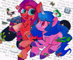 Size: 2400x2000 | Tagged: safe, artist:poneko-chan, izzy moonbow, sunny starscout, bird, duck, earth pony, pony, unicorn, g5, book, bracelet, duo, female, heart tongue, high res, hoof fluff, jewelry, juice, juice box, mare, obscured text, open mouth, plant, raised hoof, recycle bin, scrapbook aesthetic, smiling, text, unshorn fetlocks