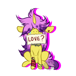 Size: 800x800 | Tagged: safe, artist:lavvythejackalope, oc, oc only, pony, unicorn, bracelet, crying, ear piercing, hair over eyes, horn, jewelry, mouth hold, piercing, sign, simple background, thorn, unicorn oc, white background