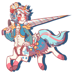 Size: 1400x1400 | Tagged: safe, artist:lavvythejackalope, oc, oc only, centaur, blush sticker, blushing, clothes, colored hooves, horn, lance, looking back, male, saddle, simple background, solo, tack, weapon, white background