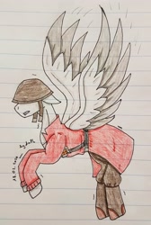Size: 2156x3206 | Tagged: safe, artist:agdapl, pegasus, pony, boots, bust, clothes, crossover, flying, helmet, high res, lined paper, male, ponified, shoes, signature, soldier, soldier (tf2), stallion, team fortress 2, traditional art, two toned wings, wings