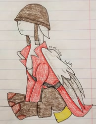 Size: 1966x2528 | Tagged: safe, artist:agdapl, pegasus, pony, boots, bust, clothes, crossover, helmet, lined paper, male, ponified, shoes, signature, sitting, soldier, soldier (tf2), stallion, team fortress 2, traditional art, two toned wings, wings
