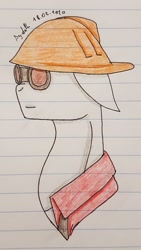 Size: 1528x2716 | Tagged: safe, artist:agdapl, earth pony, pony, bust, clothes, crossover, engineer, engineer (tf2), goggles, helmet, lined paper, male, palindrome get, ponified, signature, stallion, team fortress 2, traditional art