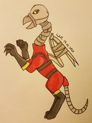 Size: 2407x3209 | Tagged: safe, artist:agdapl, griffon, bone, boots, clothes, crossover, gloves, griffonized, high res, male, pyro (tf2), rearing, shoes, signature, skeleton, solo, species swap, team fortress 2, traditional art