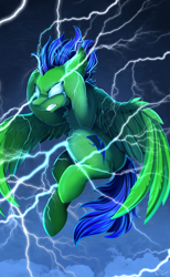 Size: 2559x4150 | Tagged: safe, artist:pridark, oc, oc only, oc:pixel thunder, pegasus, pony, angry, blue mane, cloud, commission, crying, cutie mark, frown, glowing eyes, gritted teeth, head in hooves, high res, male, pegasus oc, sky, solo, stallion, tears of anger