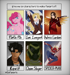 Size: 1135x1211 | Tagged: safe, pinkie pie, earth pony, human, pony, g4, bow (weapon), clothes, crossover, doom, doom guy, female, harry potter (series), helmet, looking back, luna lovegood, male, mare, six fanarts, smiling, spider-man, wings