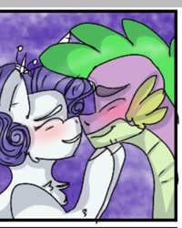 Size: 1078x1350 | Tagged: safe, alternate version, artist:cocolove2176, rarity, spike, dragon, pony, unicorn, g4, blushing, bust, eyes closed, female, horn, looking at each other, male, mare, older, older spike, ship:sparity, shipping, smiling, straight