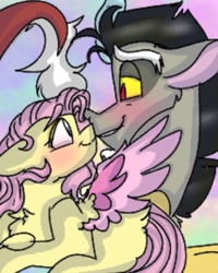 Size: 1078x1350 | Tagged: safe, alternate version, artist:cocolove2176, discord, fluttershy, draconequus, pegasus, pony, g4, bust, chest fluff, female, horn, looking at each other, male, mare, ship:discoshy, shipping, smiling, straight, wings