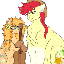 Size: 3000x3000 | Tagged: safe, artist:gingygin, bright mac, pear butter, earth pony, pony, body freckles, brightbutter, chest fluff, cowboy hat, female, flower, flower in hair, freckles, guitar, hat, height difference, high res, male, mare, musical instrument, shipping, simple background, stallion, straight, white background