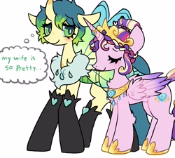 Size: 4000x3606 | Tagged: source needed, useless source url, safe, artist:plushfurby, princess cadance, queen chrysalis, alicorn, changedling, changeling, changeling queen, insect, moth, pony, g4, a better ending for chrysalis, alternate design, alternate hairstyle, alternate universe, cute, cutealis, eyes closed, female, jewelry, lesbian, married, purified chrysalis, ring, ship:cadalis, shipping, simple background, thought bubble, wedding ring, white background