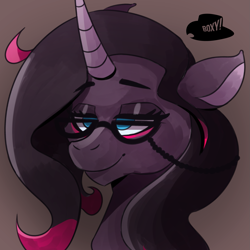 Size: 1509x1509 | Tagged: safe, artist:poxy_boxy, derpibooru exclusive, oleander (tfh), classical unicorn, pony, unicorn, them's fightin' herds, bedroom eyes, bust, community related, cute, glasses, horn, reading glasses, simple background