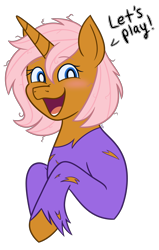 Size: 2030x3200 | Tagged: safe, artist:cherrycandi, oc, oc only, oc:sangrienta petunia, pony, unicorn, blushing, bust, clothes, female, high res, mare, messy mane, open mouth, simple background, smiling, solo, speech bubble, torn clothes, transparent background