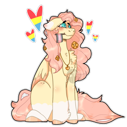 Size: 2000x2000 | Tagged: safe, artist:plagued-arts, fluttershy, pegasus, pony, g4, chest fluff, coat markings, colored hooves, demigirl pride flag, floppy ears, heart, high res, jewelry, mouth hold, necklace, pride, pride flag, simple background, socks (coat markings), solo, transparent background