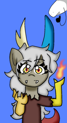 Size: 540x984 | Tagged: safe, artist:juanluuis8, discord, dog, g4, arms raised, blue background, eris, fire, florkofcows, looking at you, rule 63, simple background