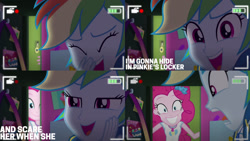 Size: 1280x720 | Tagged: safe, edit, edited screencap, editor:quoterific, screencap, pinkie pie, rainbow dash, do it for the ponygram!, equestria girls, g4, my little pony equestria girls: better together, camera shot, clothes, cutie mark, cutie mark on clothes, eyes closed, geode of sugar bombs, geode of super speed, grin, laughing, lockers, magical geodes, meme origin, open mouth, rainbow dash's prank fail, screaming, smiling, tank top