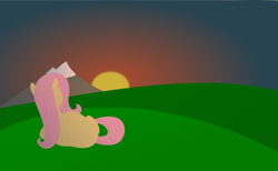 Size: 3278x2024 | Tagged: safe, artist:eminent entropy, derpibooru exclusive, fluttershy, pegasus, pony, g4, facing away, folded wings, high res, hill, looking away, lying down, mountain, solo, sunset, vector, wings
