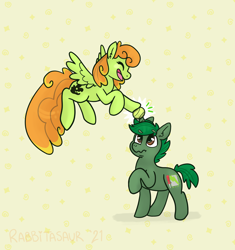Size: 2770x2952 | Tagged: safe, artist:rabbitasaur, oc, oc only, oc:emerald circuit, oc:hunny bun, pegasus, pony, unicorn, ball, confused, high res, looking up, tennis ball