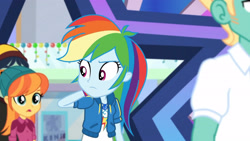 Size: 3410x1920 | Tagged: safe, screencap, rainbow dash, zephyr breeze, dashing through the mall, equestria girls, equestria girls series, g4, holidays unwrapped, spoiler:eqg series (season 2), clothes, cutie mark, cutie mark on clothes, female, geode of super speed, hoodie, jewelry, magical geodes, male, necklace, open mouth
