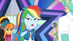 Size: 3410x1920 | Tagged: safe, screencap, daring do, rainbow dash, zephyr breeze, dashing through the mall, equestria girls, equestria girls series, g4, holidays unwrapped, spoiler:eqg series (season 2), clothes, cutie mark, cutie mark on clothes, female, geode of super speed, hoodie, jewelry, magical geodes, male, necklace, open mouth