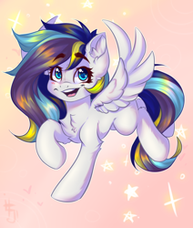 Size: 2200x2600 | Tagged: safe, artist:falafeljake, oc, oc only, pegasus, pony, chest fluff, eyebrows, eyebrows visible through hair, high res, raised hoof, smiling, solo, spread wings, wings
