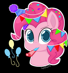Size: 1358x1458 | Tagged: safe, artist:laylaelvy278, pinkie pie, earth pony, pony, g4, black background, bust, cutie mark, female, hat, mare, mouth hold, party hat, party horn, portrait, simple background, solo, white outline
