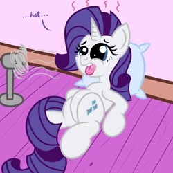 Size: 1200x1200 | Tagged: safe, artist:dafiltafish, rarity, pony, unicorn, g4, belly, fan, female, hot, mare, on the floor, panting, pillow, solo, text, tongue out