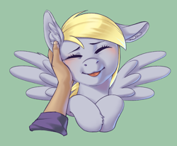 Size: 4250x3500 | Tagged: safe, artist:taytinabelle, derpy hooves, pegasus, pony, g4, :p, blushing, cute, derpabetes, disembodied hand, ear fluff, eyes closed, female, floppy ears, green background, hand, hand on cheek, happy, hooves to the chest, mare, offscreen character, offscreen human, petting, simple background, solo, spread wings, tongue out, wings