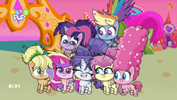 Size: 1024x576 | Tagged: safe, screencap, applejack, fluttershy, pinkie pie, princess cadance, rainbow dash, rarity, twilight sparkle, alicorn, earth pony, pegasus, pony, unicorn, g4, g4.5, my little pony: pony life, what goes updo, alternate hairstyle, cellphone, crown, eyes closed, flying, gritted teeth, jewelry, male, mane six, marge simpson, messy mane, phone, regalia, selfie, smartphone, teeth, the simpsons, tiny pop