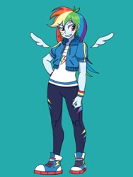 Size: 1620x2160 | Tagged: safe, artist:haibaratomoe, rainbow dash, equestria girls, equestria girls series, g4, bandaid, blushing, clothes, cloud, converse, cyan background, floating wings, patch, shoes, simple background, solo, wings