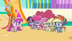 Size: 1024x576 | Tagged: safe, screencap, applejack, fluttershy, pinkie pie, princess cadance, rainbow dash, twilight sparkle, alicorn, earth pony, pegasus, pony, g4.5, my little pony: pony life, what goes updo, spoiler:pony life s02e17, applejack's hat, cowboy hat, crown, excited, gritted teeth, hat, jewelry, lip bite, regalia, sitting, twilight sparkle (alicorn)