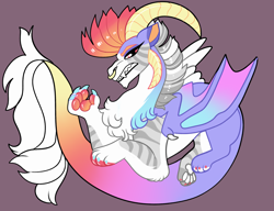 Size: 3000x2300 | Tagged: safe, artist:loryska, oc, oc only, draconequus, hybrid, draconequus oc, high res, interspecies offspring, magical gay spawn, multicolored hair, offspring, parent:big macintosh, parent:discord, parents:discomac, paw pads, paws, rainbow hair, simple background, solo, underpaw