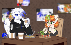 Size: 3000x1900 | Tagged: safe, artist:etoz, oc, oc only, oc:etoz, oc:light speed, griffon, pony, unicorn, bags under eyes, chopsticks, clothes, coffee, commission, crown, dead space, eating, eyebrows, female, food, fork, griffon oc, happy, hoodie, horn, jewelry, knife, magic, magic aura, male, mare, marker (dead space), open mouth, pancakes, regalia, sitting, smiling, sushi, table, tired, unicorn oc, wings