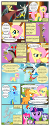 Size: 612x1552 | Tagged: safe, artist:newbiespud, edit, edited screencap, screencap, applejack, discord, fluttershy, pinkie pie, rainbow dash, rarity, spike, twilight sparkle, draconequus, dragon, earth pony, pegasus, pony, unicorn, comic:friendship is dragons, g4, clothes, comic, dialogue, evil laugh, eyelashes, eyes closed, female, flying, freckles, hat, horn, laughing, lightning, male, mane seven, mane six, open mouth, petrification, screencap comic, shocked, teeth, unicorn twilight, wings