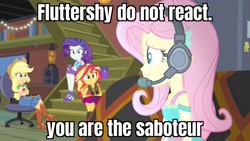 Size: 1705x960 | Tagged: safe, edit, edited screencap, screencap, applejack, fluttershy, rarity, sunset shimmer, costume conundrum, equestria girls, g4, my little pony equestria girls: better together, applejack's hat, bbc, boots, caption, cbbc, cellphone, clothes, cowboy boots, cowboy hat, crossed arms, cutie mark, cutie mark on clothes, denim skirt, female, gamershy, geode of empathy, geode of fauna, geode of shielding, geode of super strength, hairpin, hat, headphones, headset, headset mic, high heels, image macro, jacket, jewelry, leather, leather jacket, magical geodes, necklace, phone, rarity peplum dress, shoes, skirt, smartphone, text, trapped (tv show)