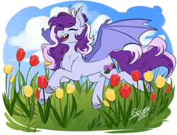 Size: 1250x950 | Tagged: safe, artist:cosmalumi, oc, oc only, oc:lavender petal, bat pony, pony, female, mare, solo, tulip