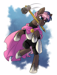 Size: 950x1250 | Tagged: safe, artist:cosmalumi, oc, oc only, earth pony, pony, armor, bipedal, brooch, cape, clasp, clothes, hammer, jewelry, male, mouth hold, solo, stallion