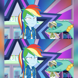 Size: 1920x1920 | Tagged: safe, edit, editor:itsmgh1203, screencap, chestnut magnifico, daring do, rainbow dash, zephyr breeze, dashing through the mall, equestria girls, equestria girls series, holidays unwrapped, spoiler:eqg series (season 2), :i, clothes, cutie mark, cutie mark on clothes, da fuq, faic, female, geode of super speed, hand, hoodie, jewelry, magical geodes, male, meme, necklace, rainbow dash is best facemaker, rainbow dash is not amused, reaction image, shrunken pupils, special eyes, thousand yard stare, unamused, wide eyes