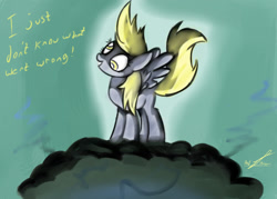 Size: 2016x1440 | Tagged: safe, artist:ponyjhooves, derpy hooves, pegasus, pony, g4, season 2, the last roundup, cloud, female, i just don't know what went wrong, mare, on a cloud, scene interpretation, smoke, solo, standing on a cloud, stormcloud